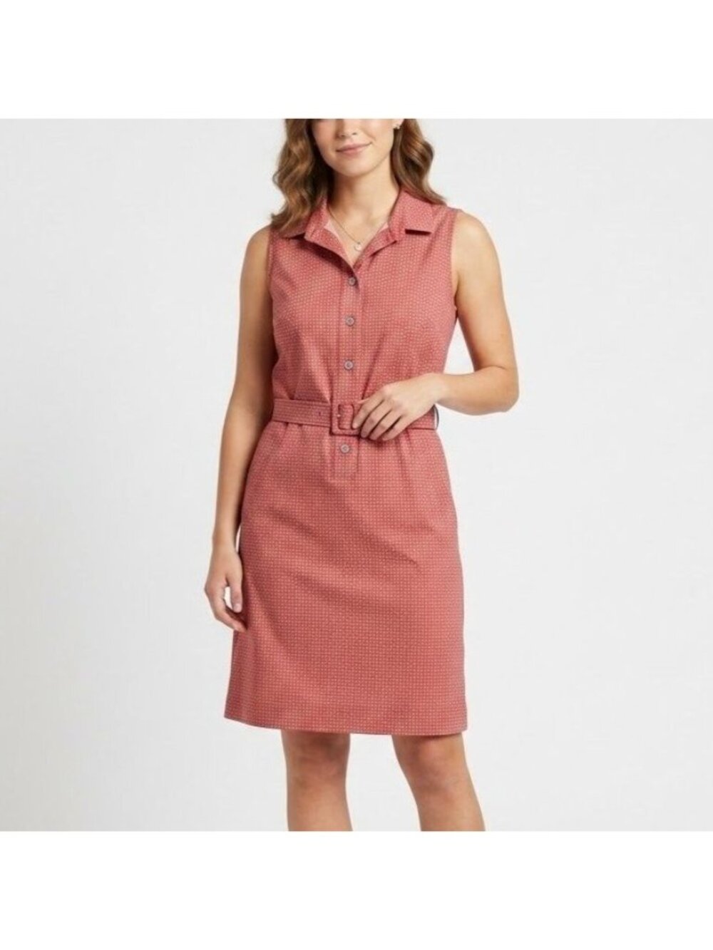 J. McLaughlin Size 10 Coral Pink Geometric Sleeveless Collared Belted Shirtdress